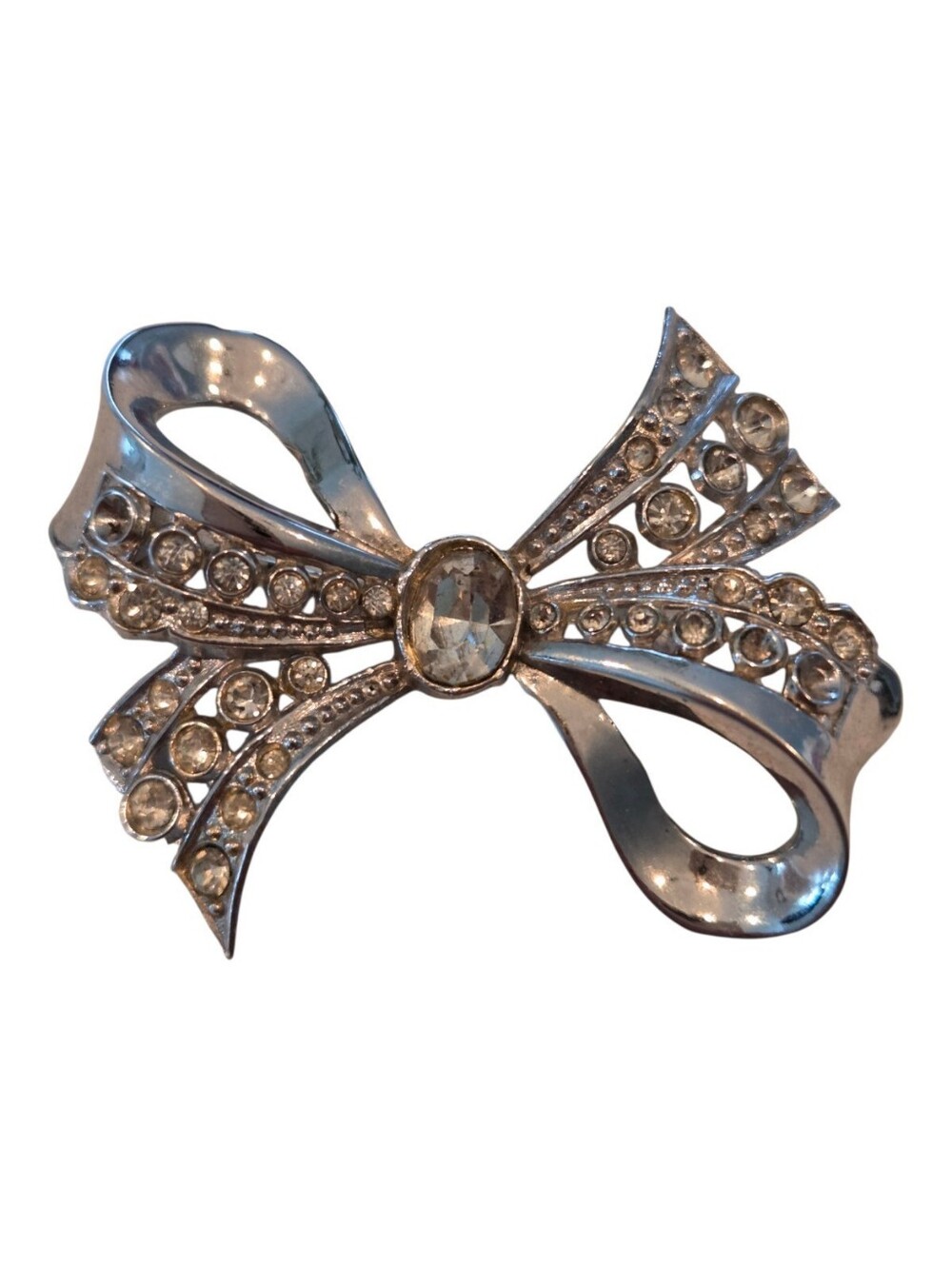 Vintage Signed CORO Rhinestone Bow Brooch Pin Mid Century 1950s Silver Tone